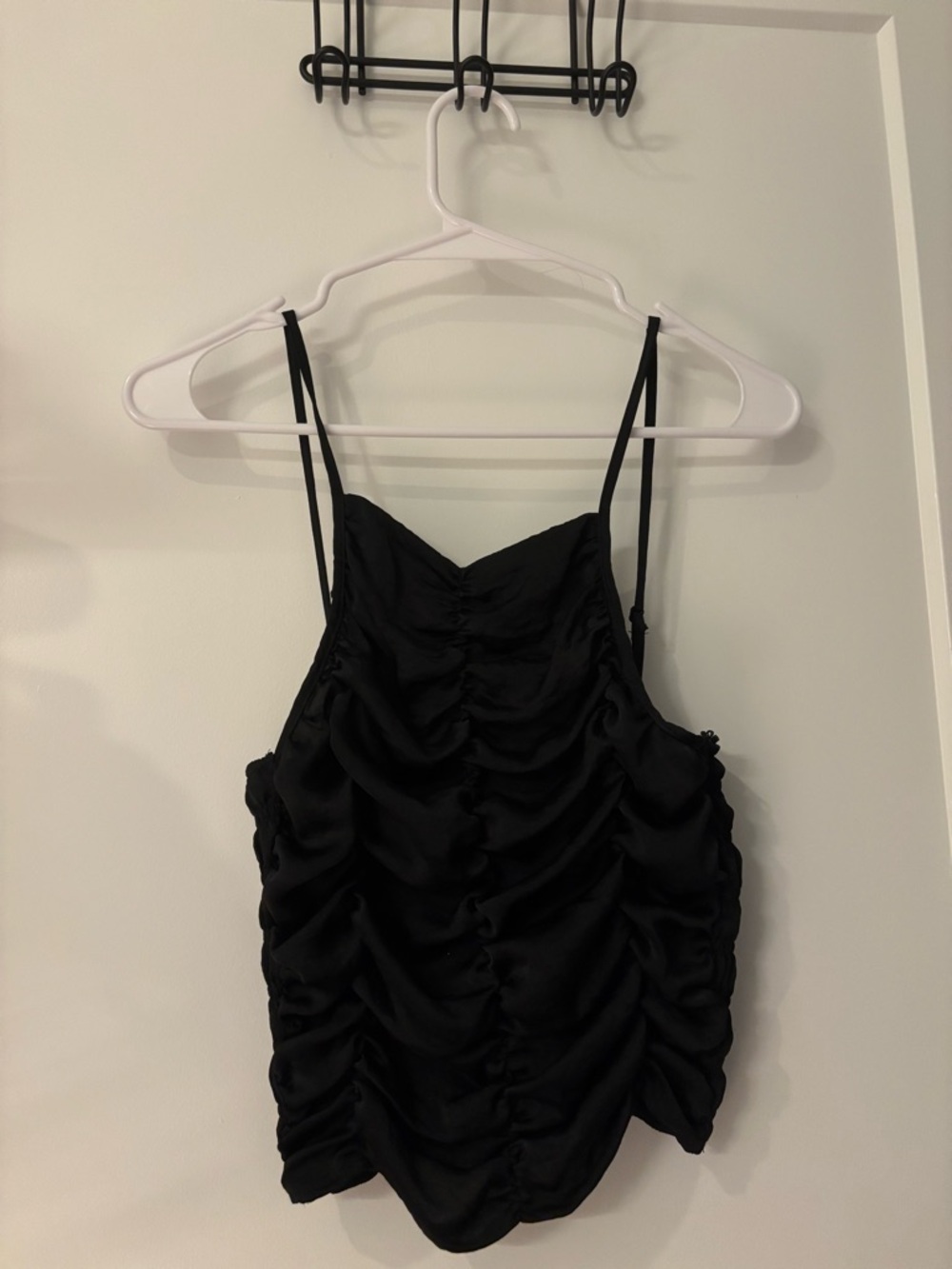 glam Black Ruched Satin Cami Top